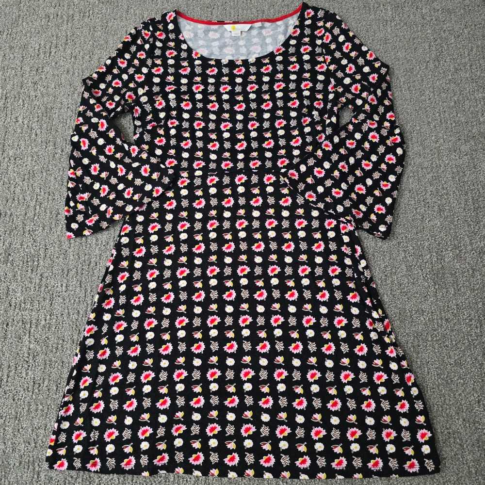 Boden US 6R Black Floral Jersey‎ Dress 3/4 Sleeve Stretch Midi Casual
